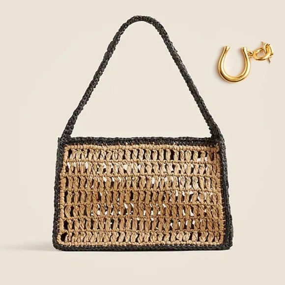 New! J. Crew Paros Open Weave Straw Bag  with Horseshoe Charm - Picture 1 of 16
